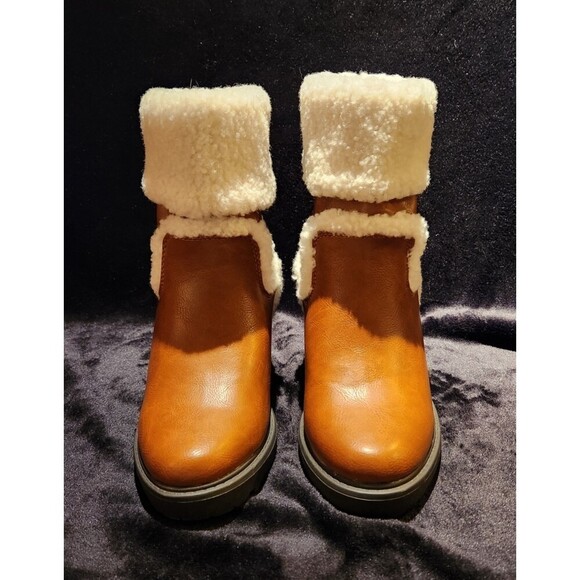 JustFab Brown Ankle Boots with Cream Trim - Picture 4 of 9